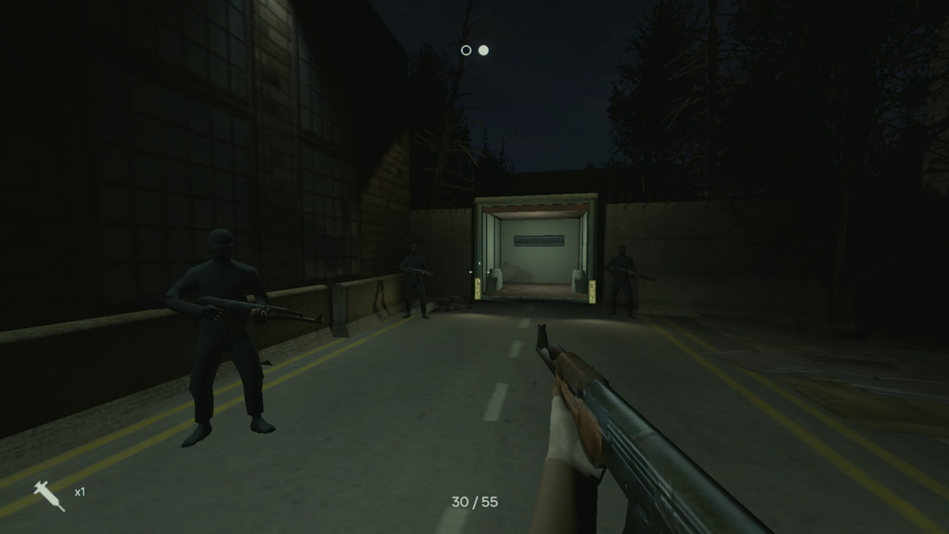Four men are seen in special op gear all holding guns. The player is also holding an AK-47 rifle. In the back is a van with its door open.