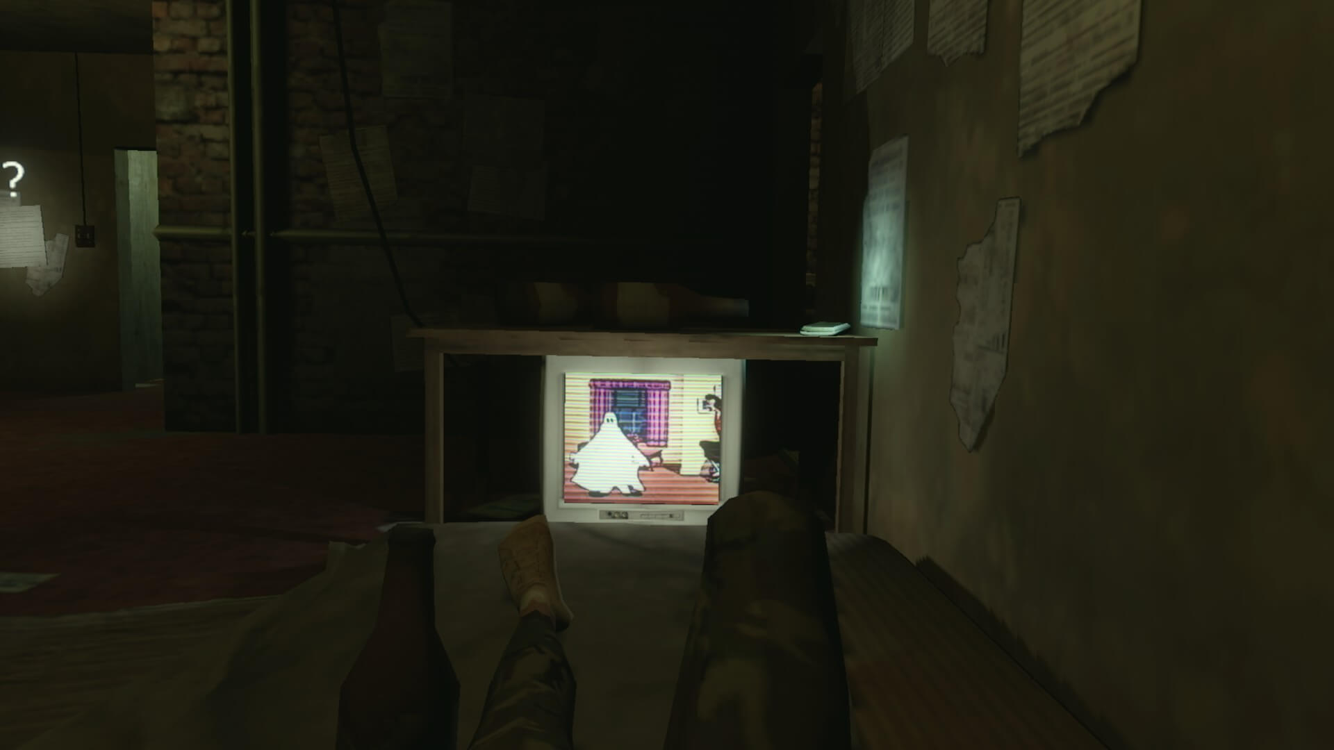 The character is lying down on a dirty mattress while watching a T.V. The show on has a person in a bedsheet acting as a ghost. 