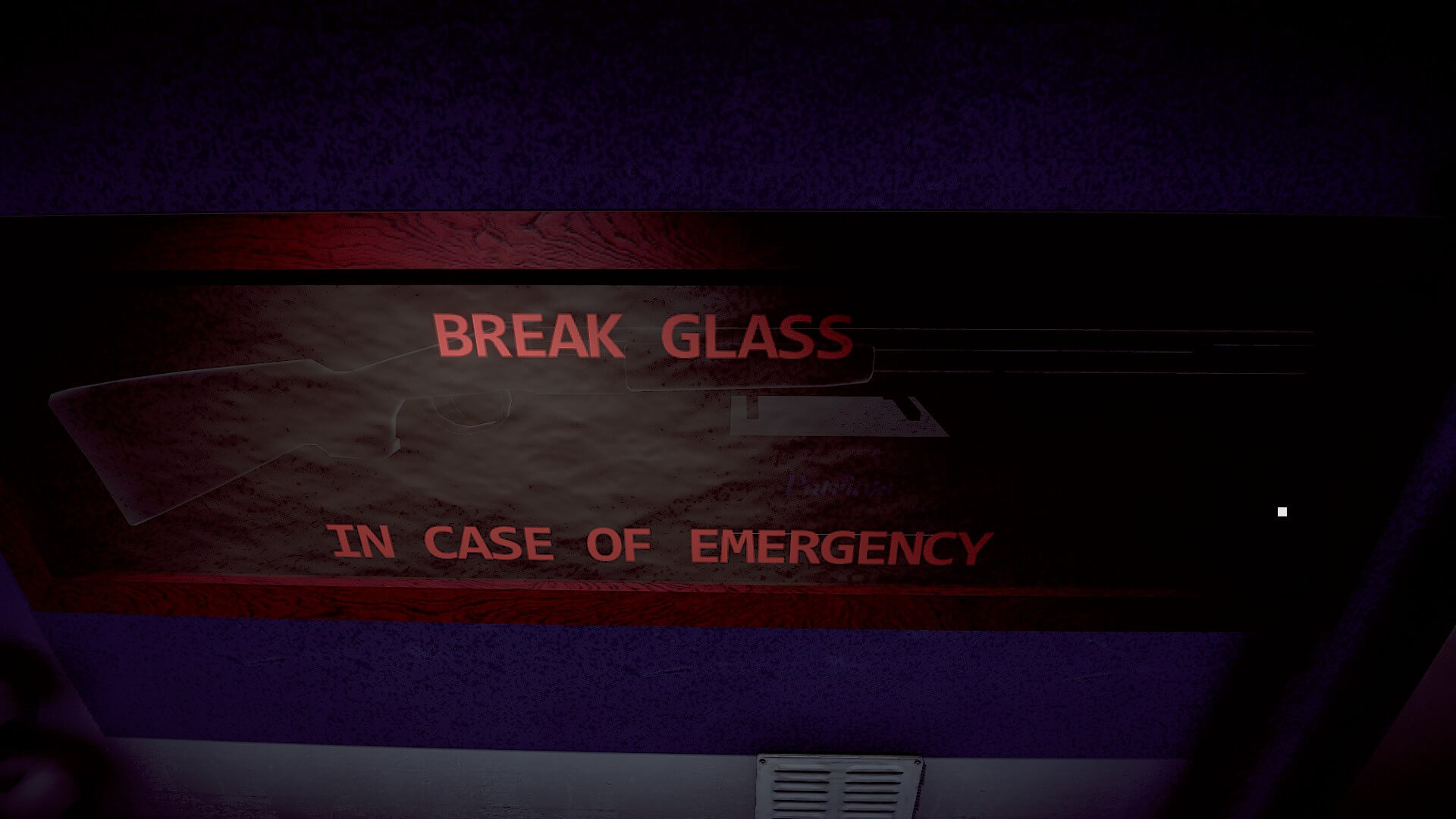 A shotgun behind a glass cabinet, with the words "Break Glass, in case of emergency!. The box and text are in red.