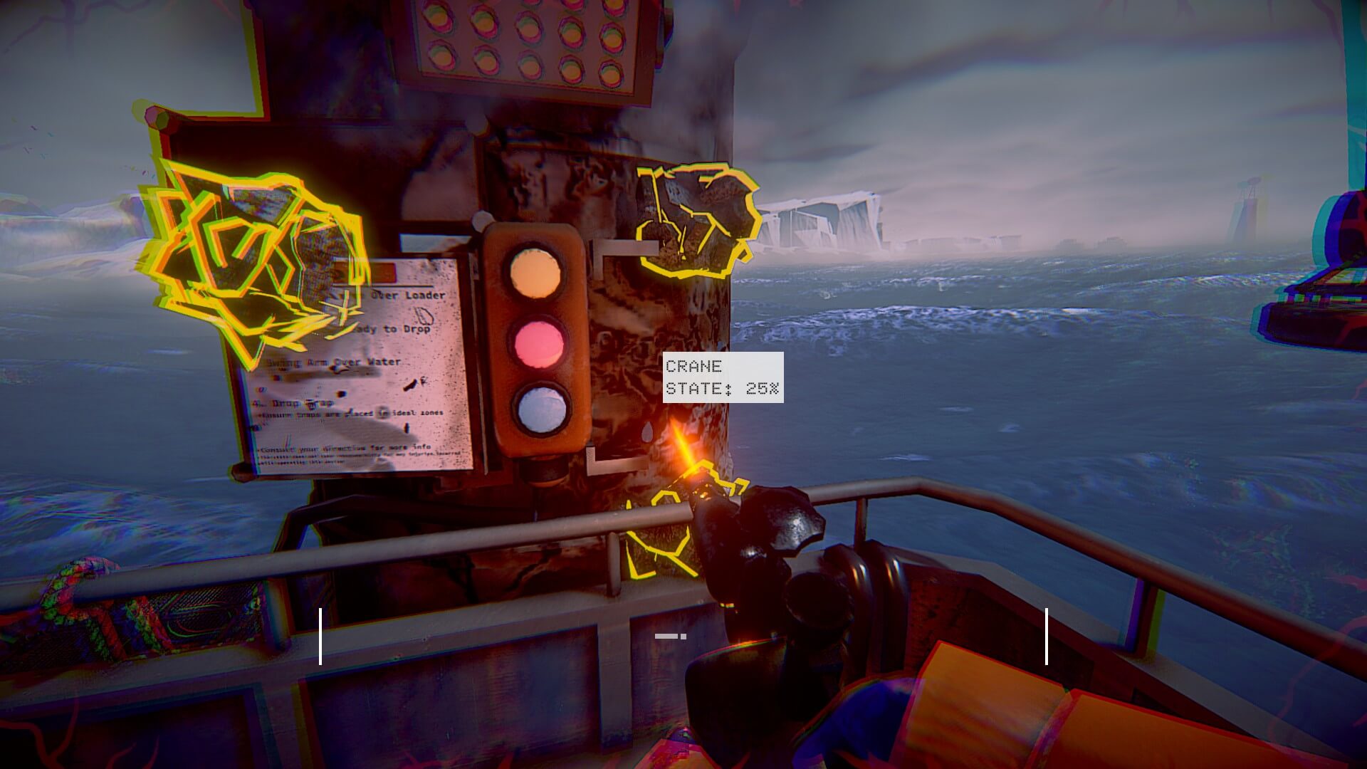 The player is repairing a crane with a blow torch. Three jagged orbs are highlighted to show where the crane needs repairing. A small white text box shows how much the crane has been repaired in percentages.
