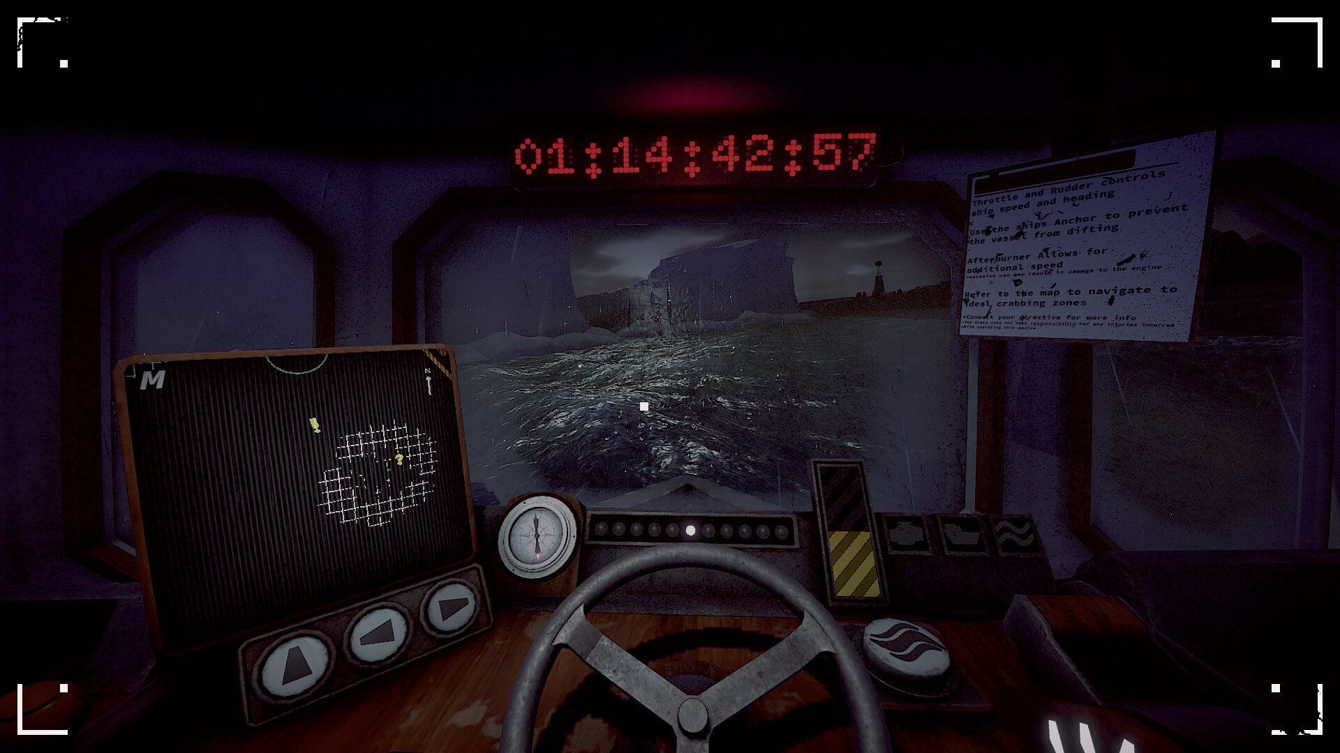 The player is stood at the bridge, a monitor is to the right displaying their current position. The window in front shows that outside is raining, and the sea is black. A counter up the top of the screen shows red numbers counting down for the job.