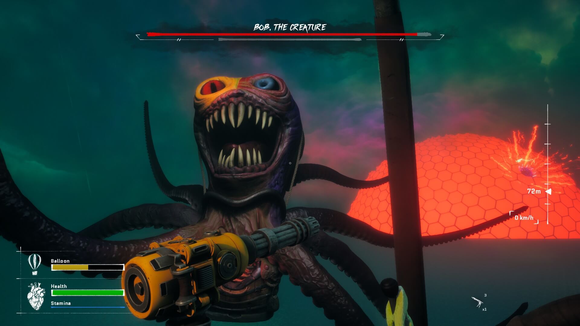 A large octopus with patch work on its eyes. The overall shape look like a hot air balloon. A yellow gun is seen in frame and further back a red/orangish dome is also visible. 