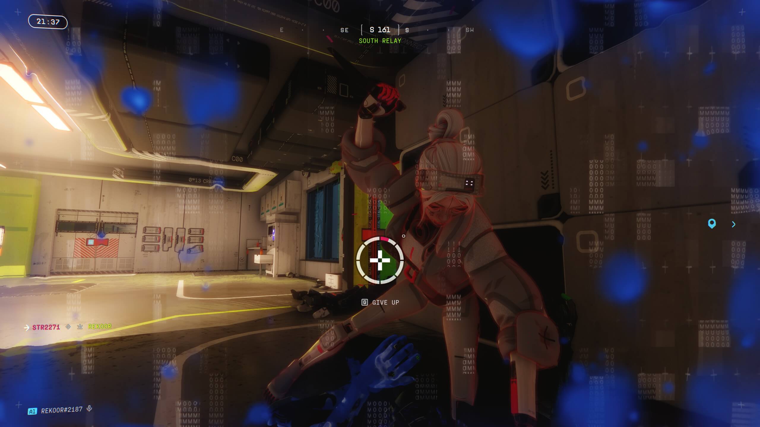 Game screenshot of a player about to revive a downed teammate in a futuristic indoor setting with blue visual effects.