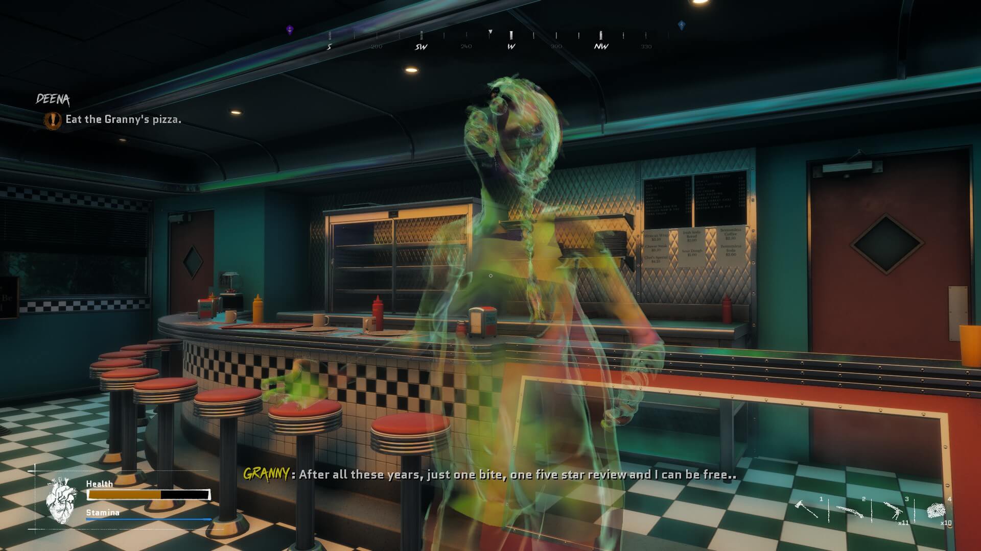 A green ghost grandma is speaking to the player. They both look to be in a diner that is in the fashion of the 50's.