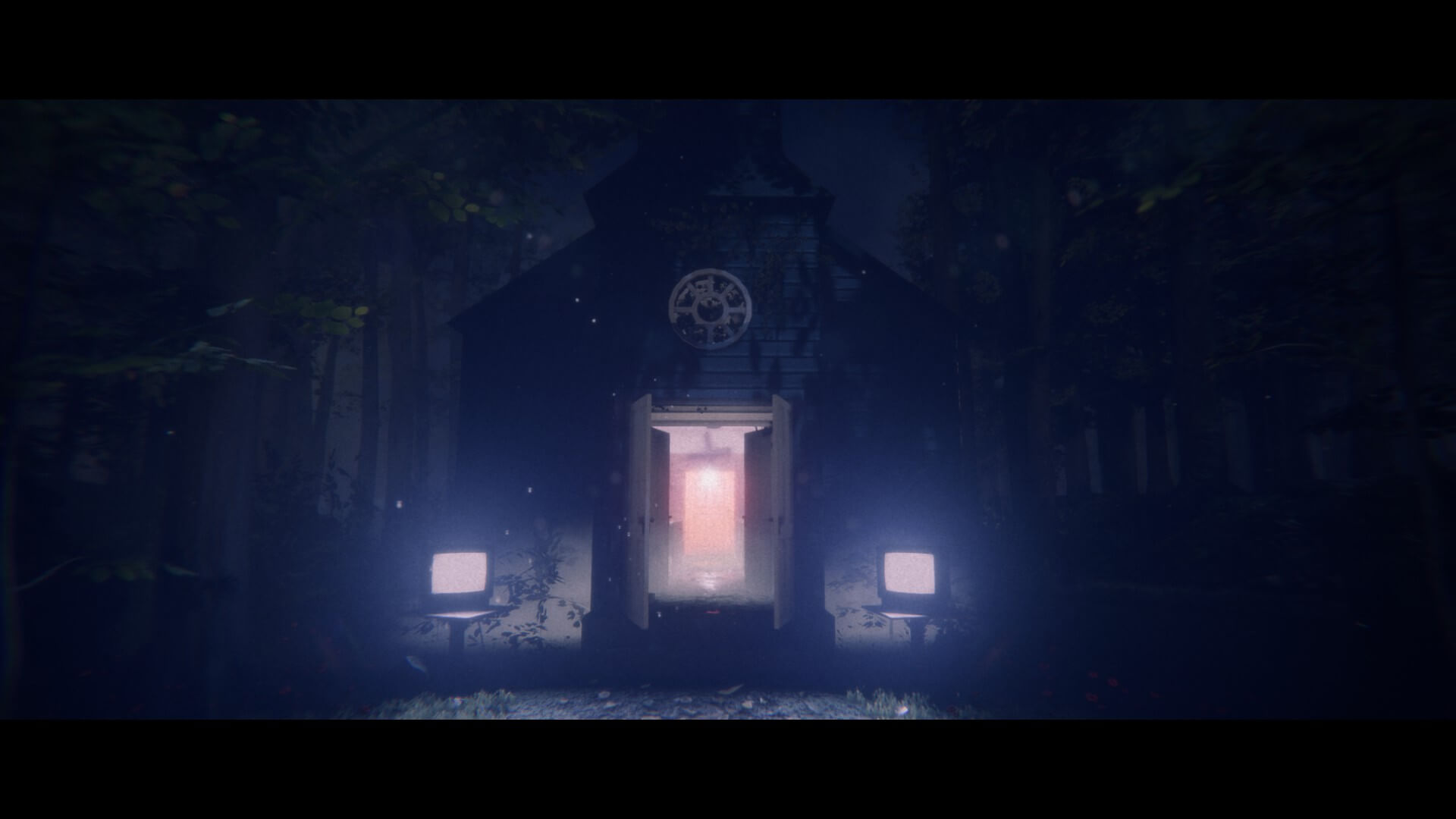 A large old church with two bright T. Vs outside. A glowing white orb is visible on the inside, luring the player towards a red door.