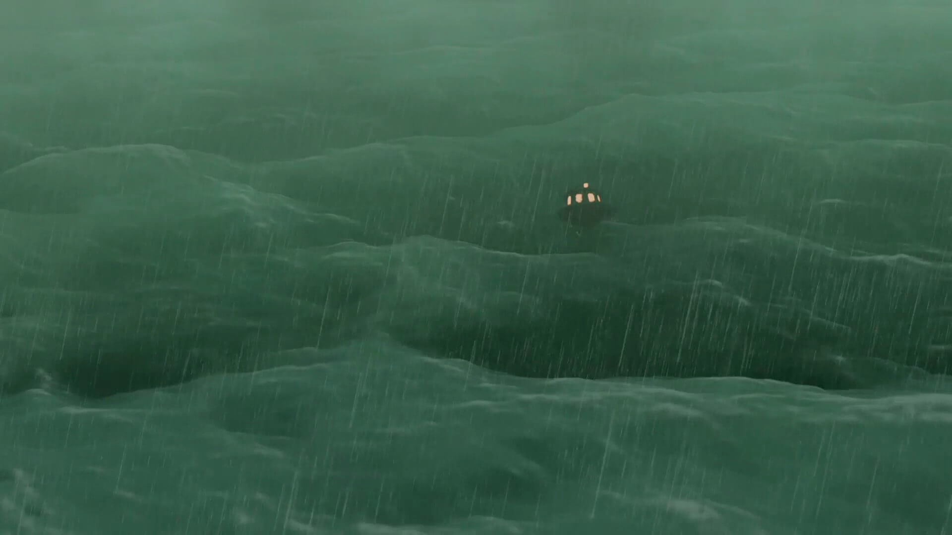 A vast ocean with a boat struggling across the waves, it is also raining heavily.