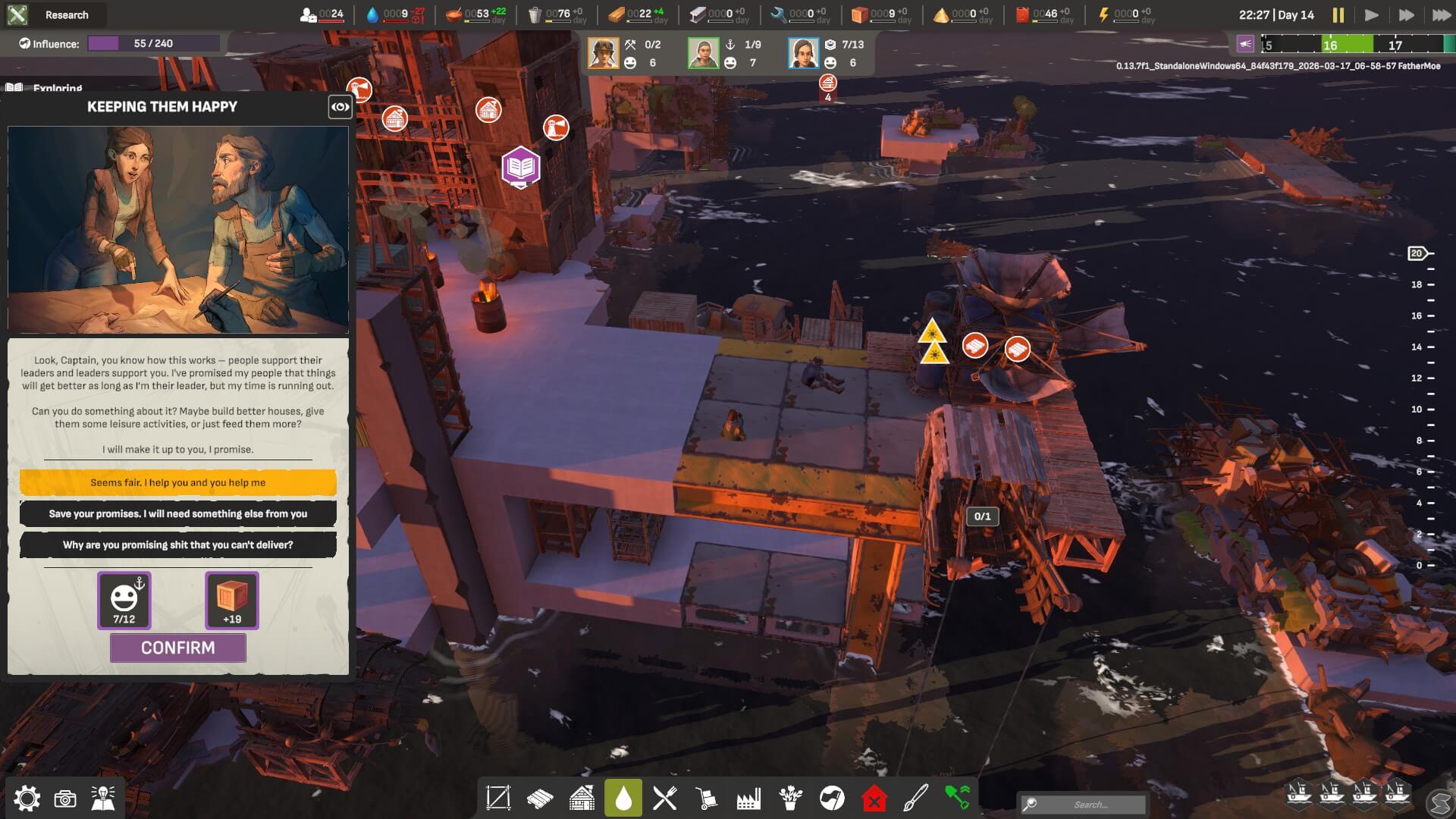 A shot focusing on the event text. Which highlights that the survivors aren't happy. There are a couple of choices the player can select that will offer a reward on completion.