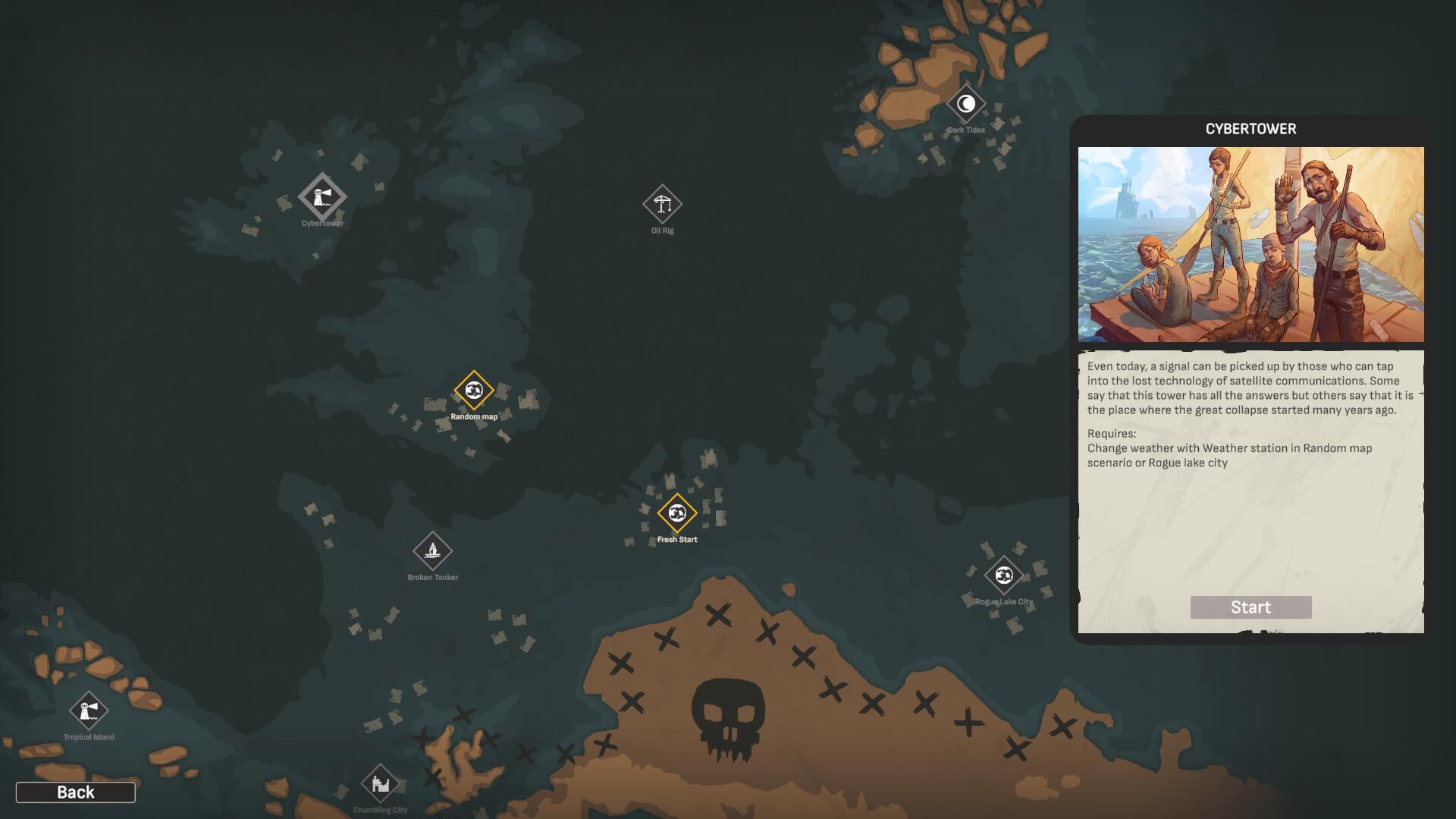 A large map, with symbols showing other levels the player can go on. At the bottom is a land mass with a giant skull, indicating danger. To the right is a text box with an image of a crew with one man saluting.