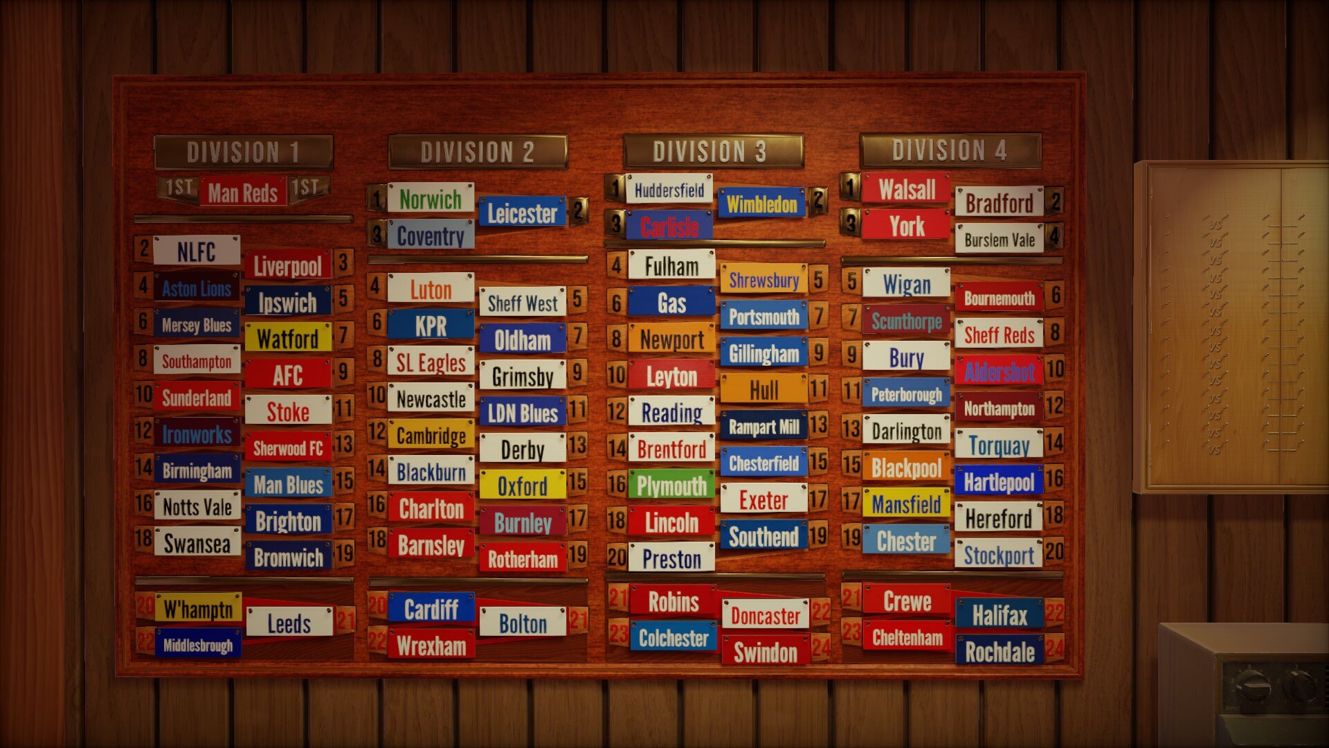 A wooden board with colored nameplates that displays English football clubs divided into Divisions 1 to 4, showing league position and club names.