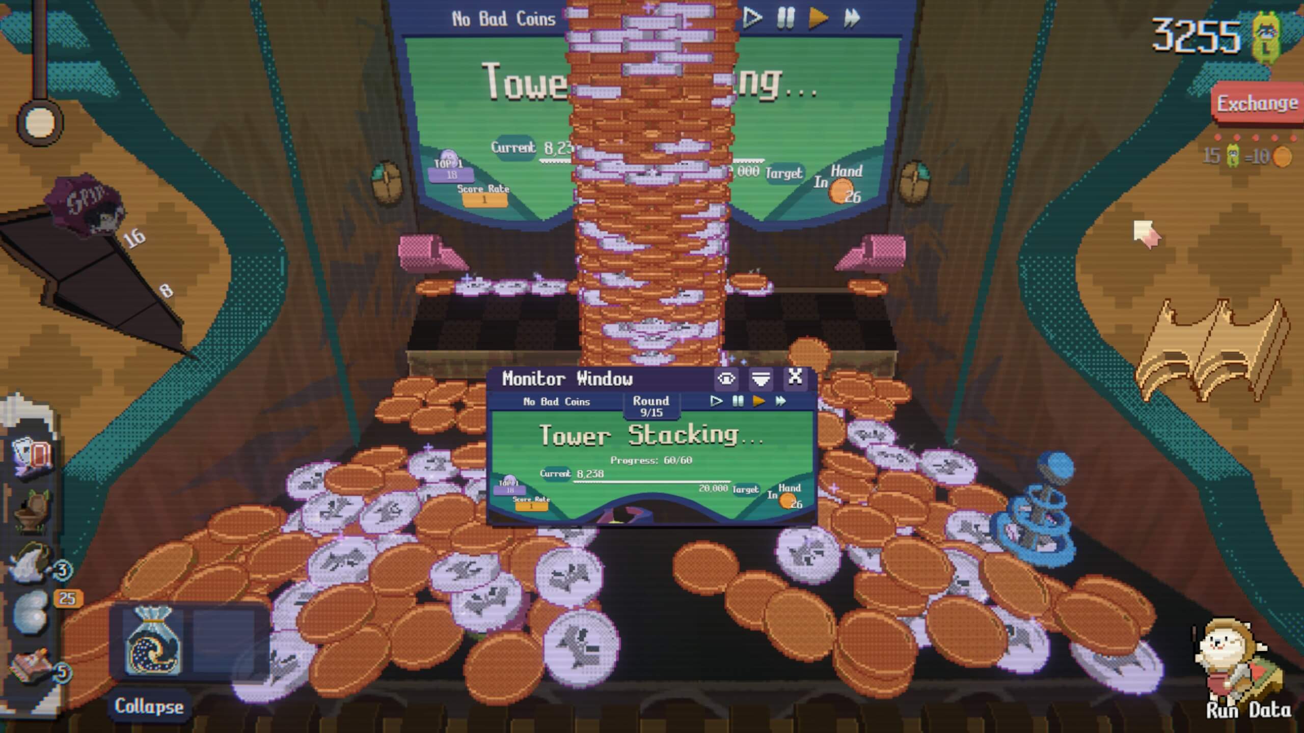 Game screen showing a coin stacking tower with a "Monitor Window" displaying tower stacking progress and various game icons and scores.