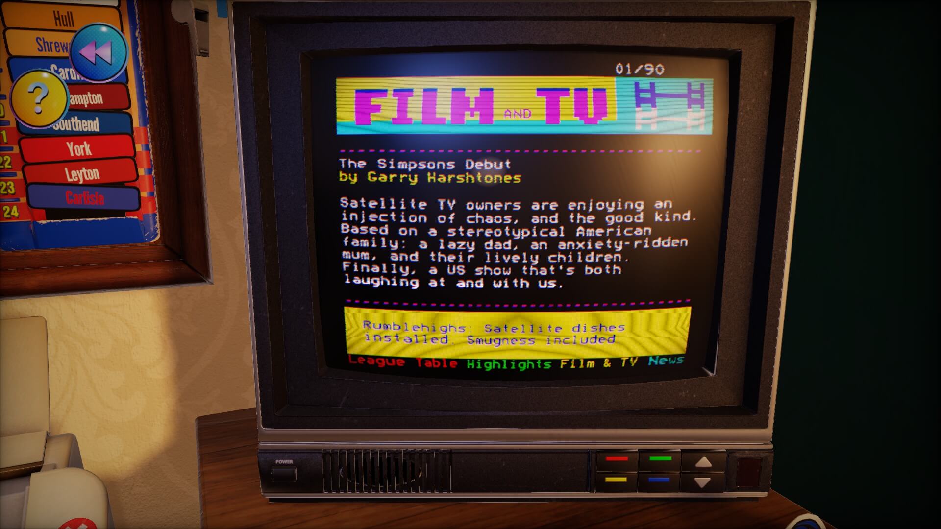 A vintage TV screen displays teletext like colorful text: "FILM AND TV." Below is an article titled "The Simpsons Debut," the date January 1990 is in the top corner