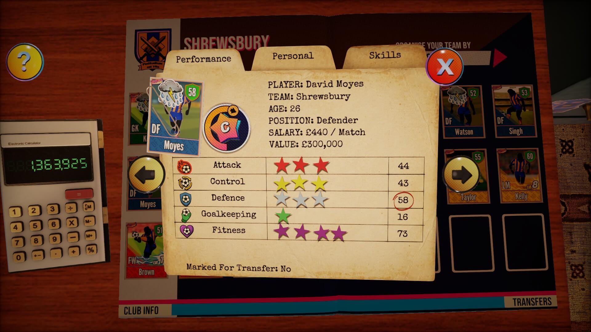 A vintage football player profile card for "David Moyes" in a game interface. Shows player stats, including defense and fitness, with a calculator nearby.