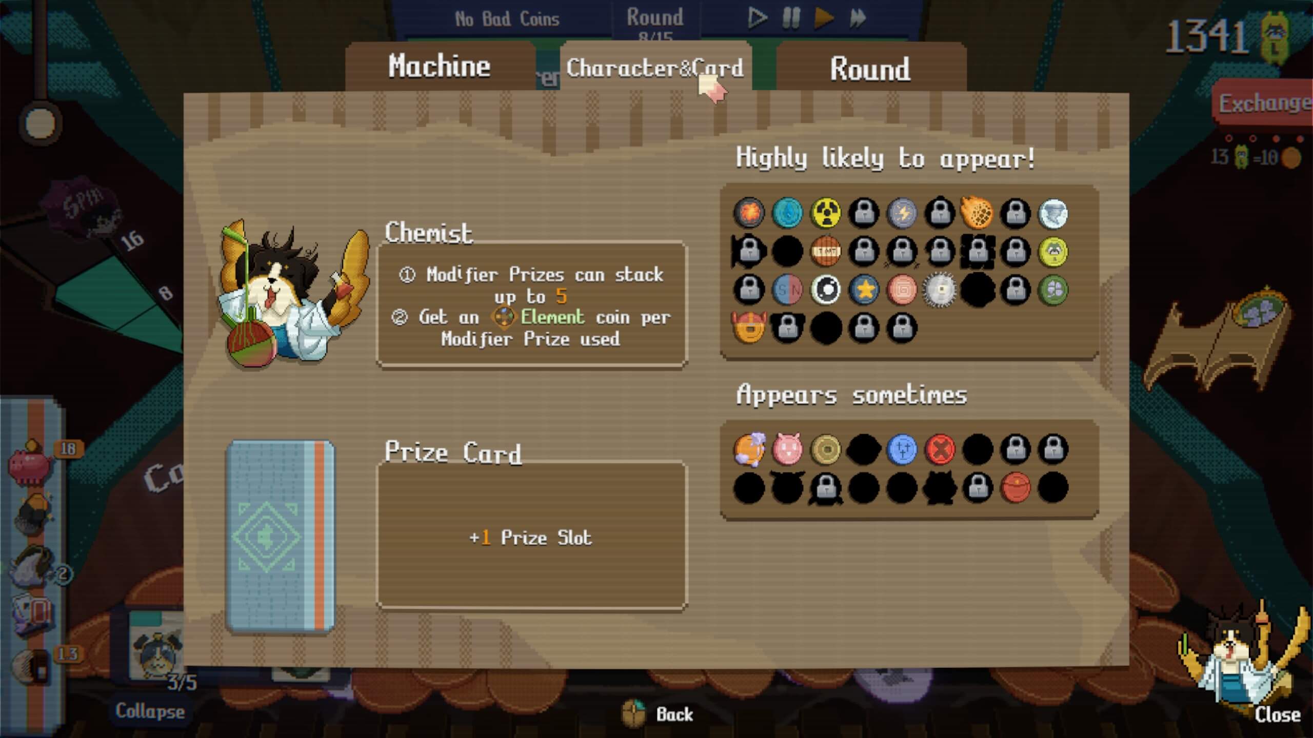 Game interface showing "Chemist" character details, prize card info, and icons for prizes "Highly likely" and "Appears sometimes" to appear.