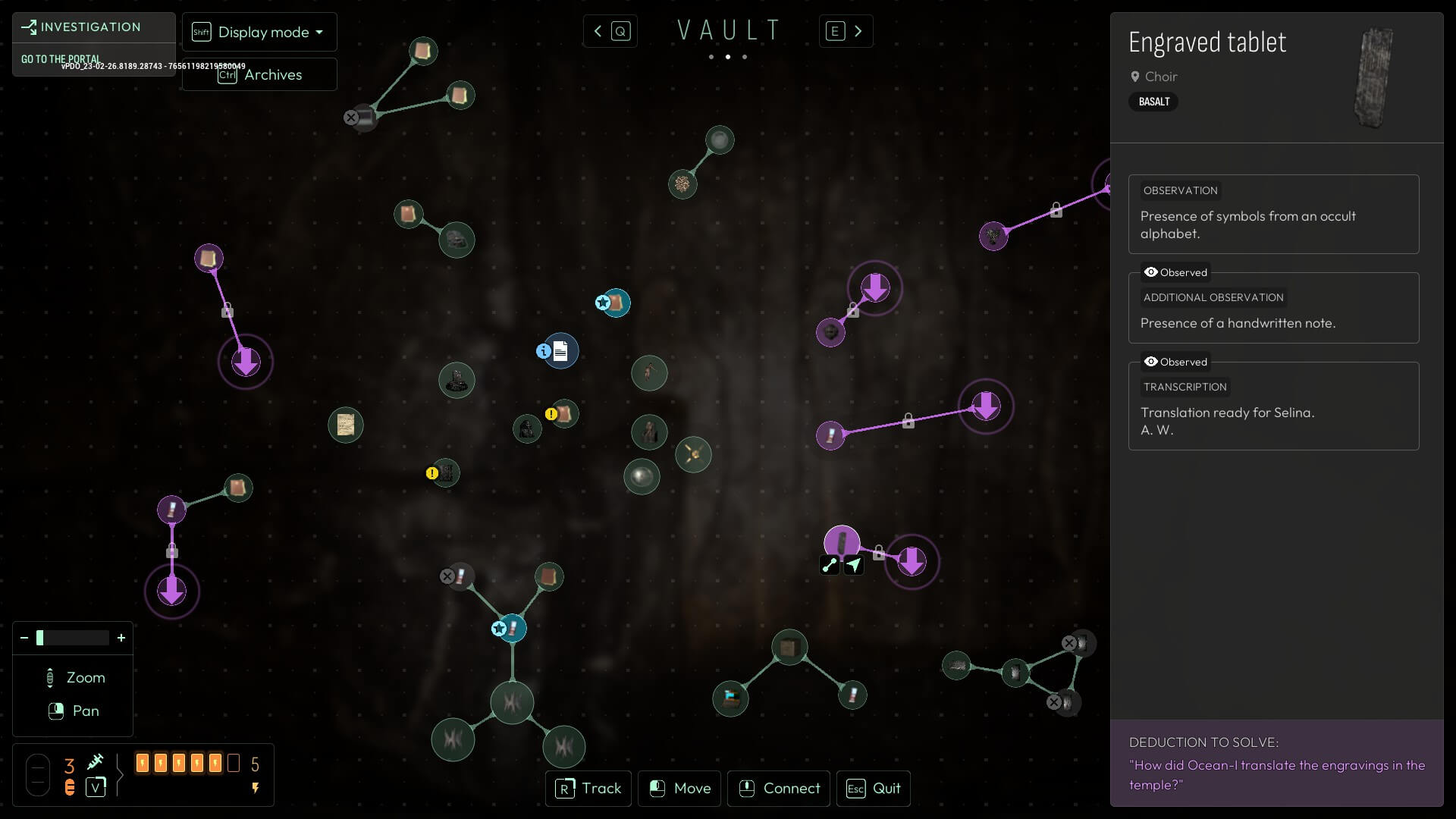 a grid with various small circles of different colours, greet are bits of information, while blue are key information the player has high-lighted. Purple circles are questions the player has. Some circles are connected while others are not. To the right is a long grey box with information from a specific item. 