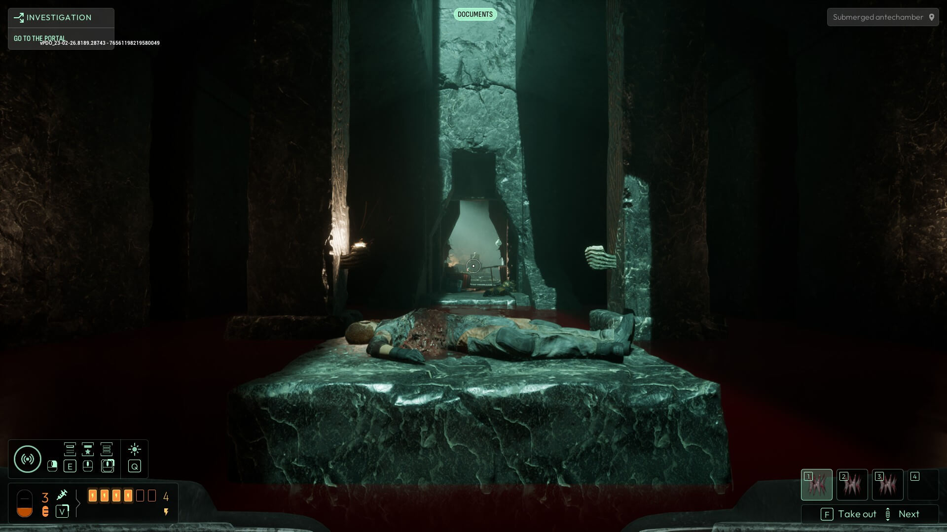 A large stone table has a body that seems to have had a chunk of flesh ripped from it. In the back is a door wide open with a skeleton sat upon a throne. 