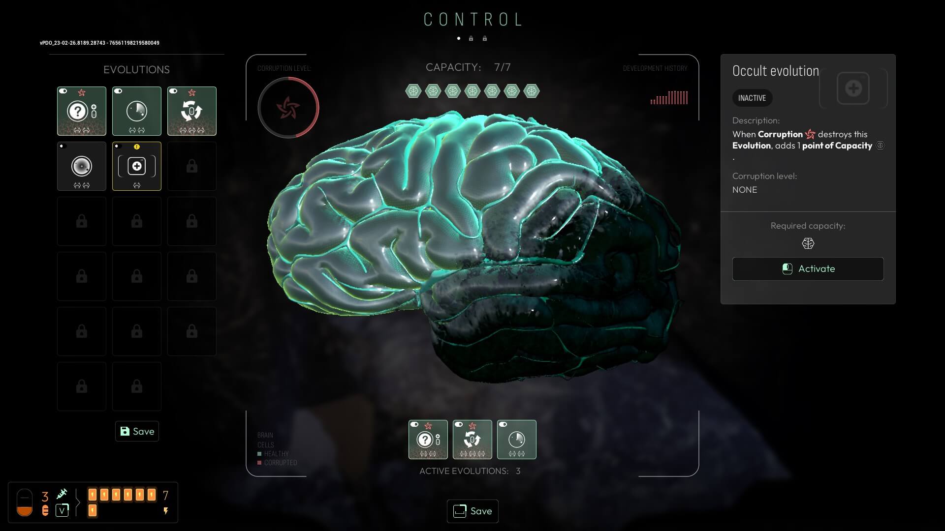 A grey brain glowing cyan, with its lower back end on the right darkened. Whcih represents the corruption. To the left is a small set of perks for the player to select. And the right displays the perks effect. Below are three perk simple showing what is actually equiped. 