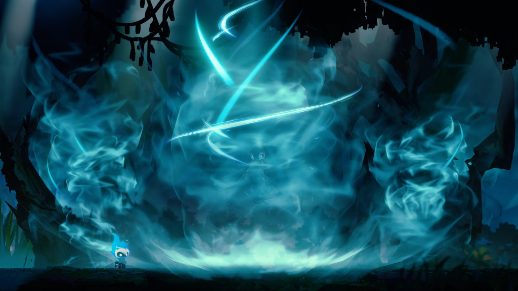 A small blue flame character faces a large swirling blue energy vortex with ghostly faces in a dark mystical forest.