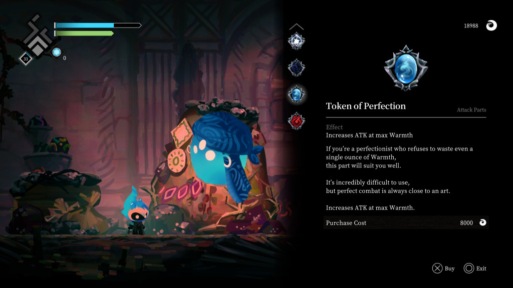 Game screenshot showing a blue flame character near a large blue fish head with a menu for "Token of Perfection" item details and purchase option.