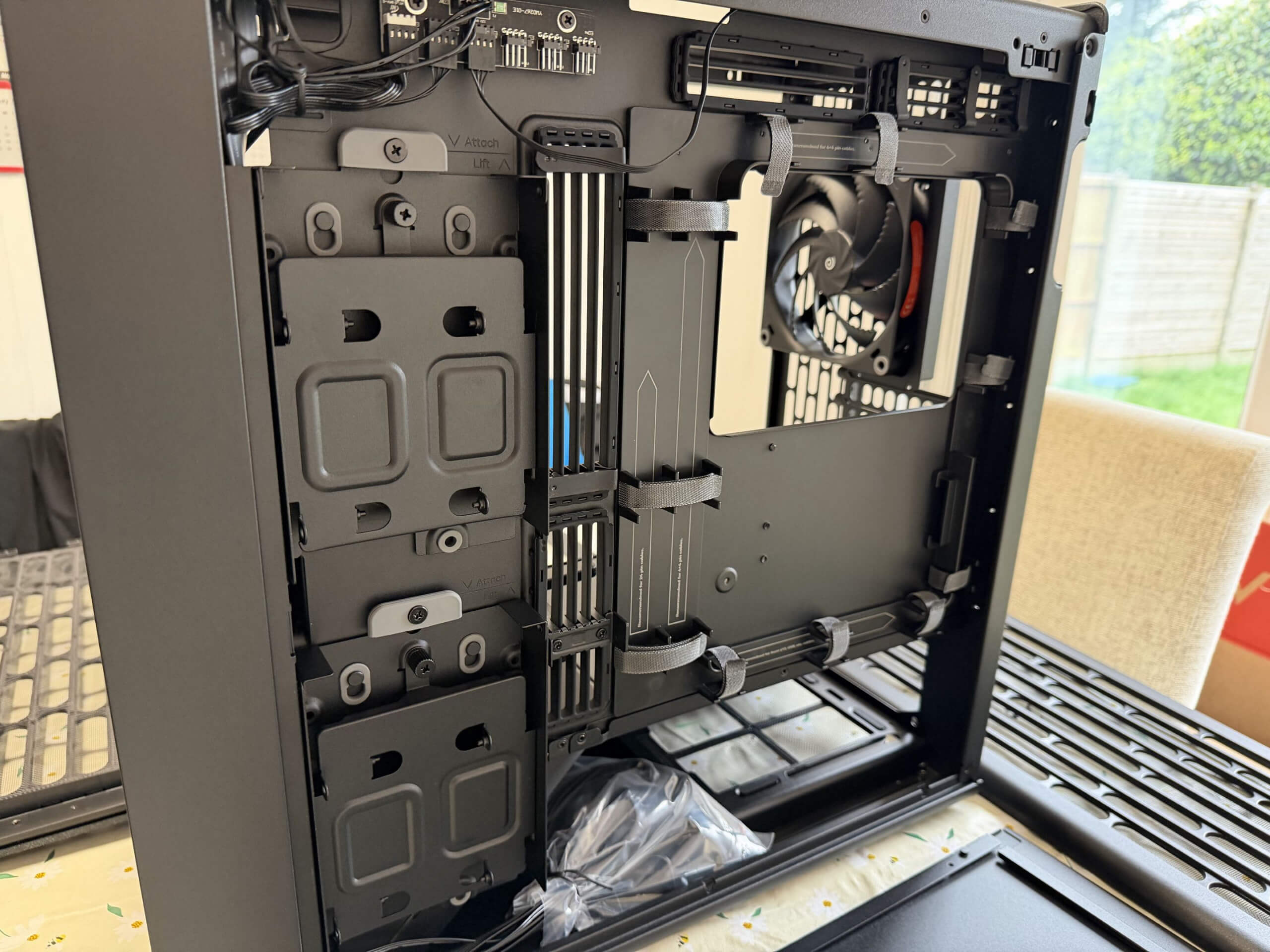 image of the bf 360 flow showing the rear of the motherboard tray and all the cable management options