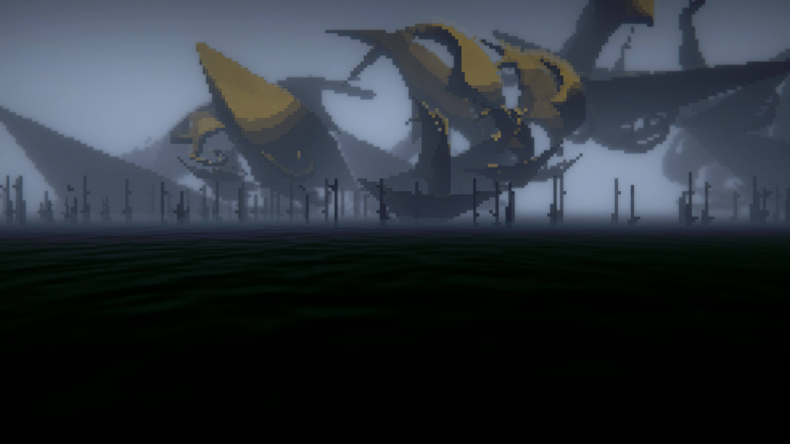 surreal environment from Celestial Return shows dark, rippling water in the foreground with tall, thin stakes rising from the surface. In the mist above, huge curved yellow‑and‑black forms hover like abstract vessels or creatures, partially obscured by fog. The scene is rendered in a pixelated, dreamlike style with a muted, eerie palette.
