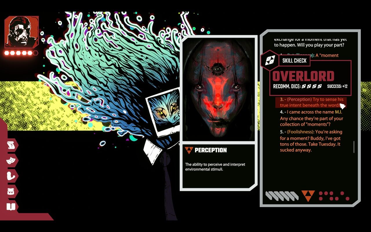 Stylised game interface from Celestial Return shows a character portrait on a red background with five circular status icons beneath. In the centre, a branching, multicoloured tree‑like structure surrounds a small monitor displaying an alien-like feline face with 3 eyes. To the right, a card labelled “Perception” features a red‑and‑blue face with a third eye and a short definition. Further right, a skill‑check panel titled “Overlord” lists recommended dice and a +12 modifier. Dialogue options appear at the bottom, including a Perception check, a question about the name M.I., and a Foolishness‑tagged response.