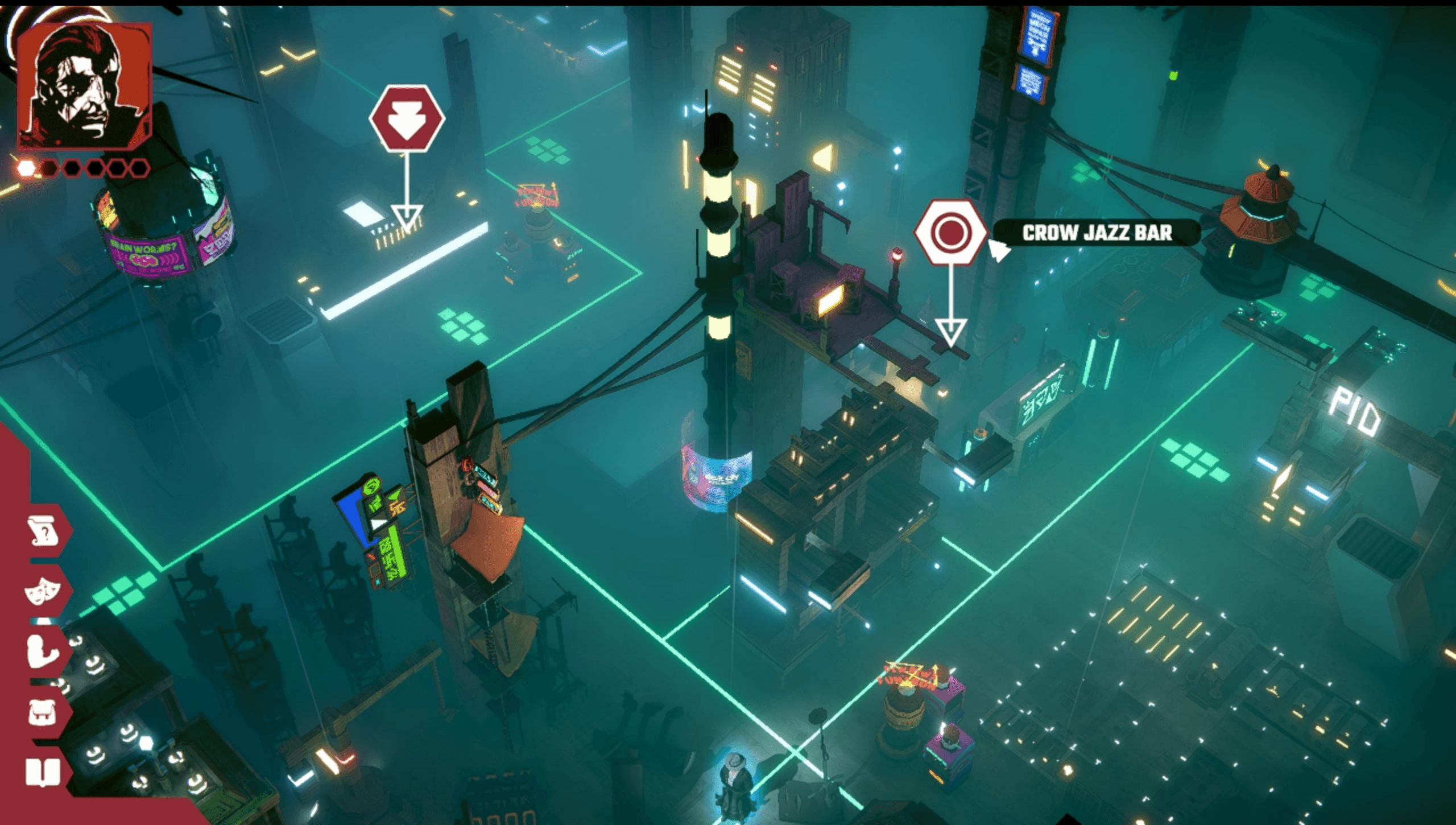 Screenshot from Celestial Return shows a foggy, neon‑lit street with green grid lines glowing across the ground. Floating platforms, holographic signs and tall buildings frame the scene. Detective Howard stands on a lit platform at the bottom centre; dressed in a trench coat and fedora (could be a placeholder as he looks different in his still images) with ability and inventory icons displayed to the left. Two markers highlight nearby locations, including one pointing towards the Crow Jazz Bar.