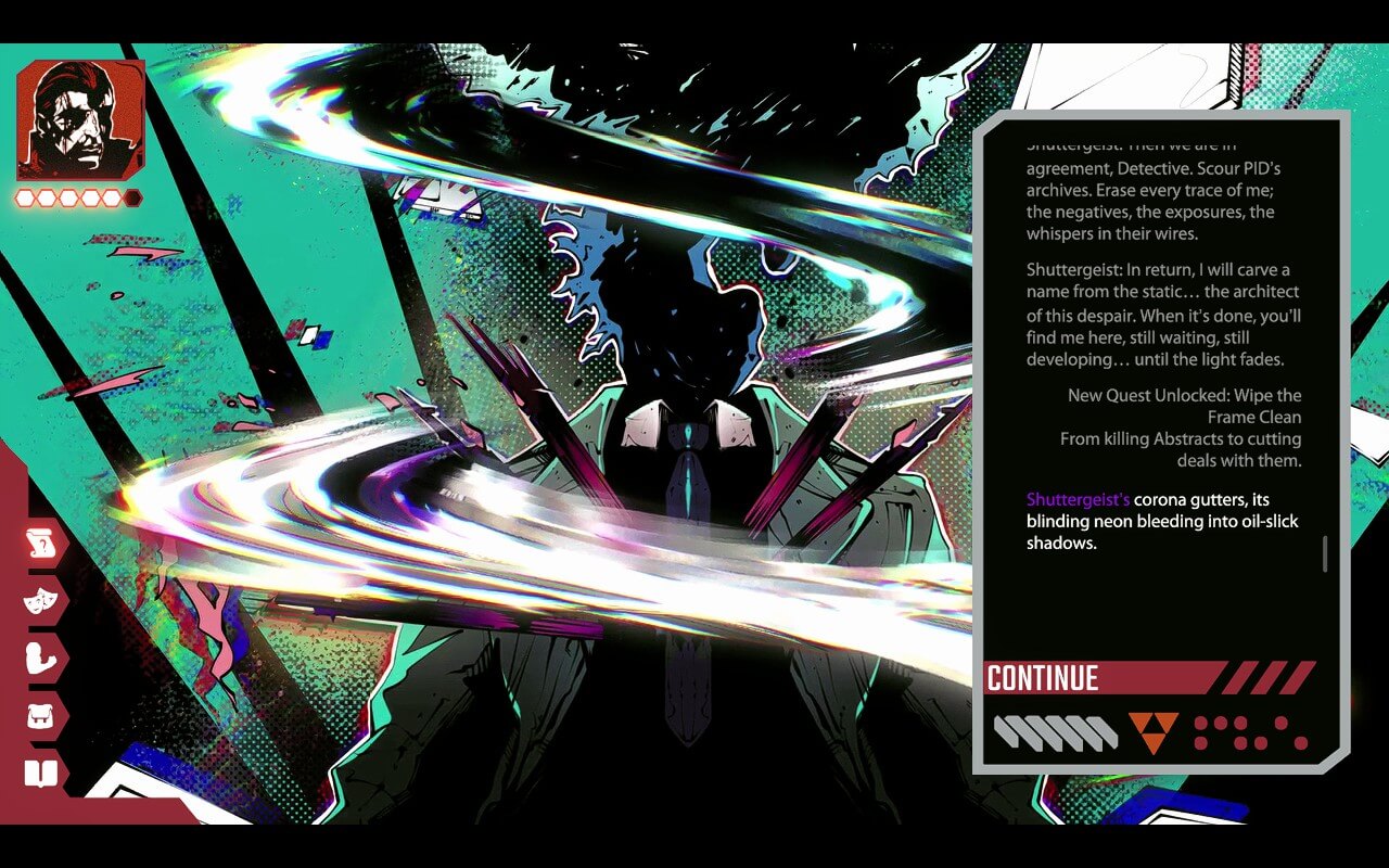 Screenshot from Celestial Return shows a shadowed, humanoid figure in a suit surrounded by swirling neon energy and sharp, blade‑like shapes rising from its shoulders. The teal and black background features glitch‑like patterns. On the right, a dialogue panel displays Shuttergeist speaking, a quest notification titled “Wipe the Frame Clean,” and a prompt to continue. 