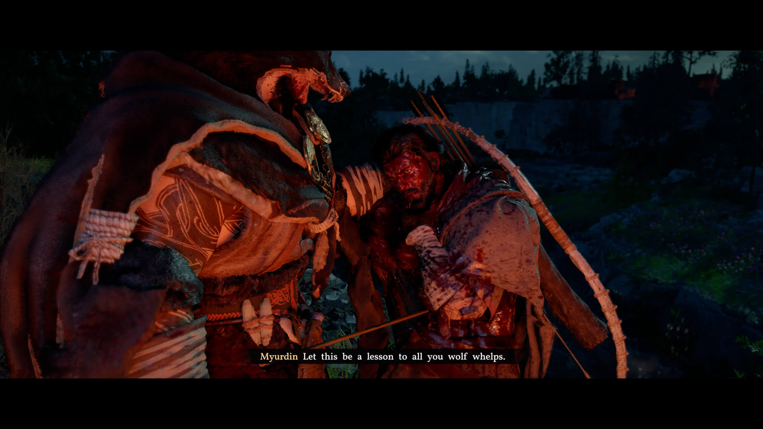 A large man wearing the skin of a bear is holding the main character Kliff by his hair while saying "Let this be a lesson to all you whelps". Kliff's face is covered in blood. 