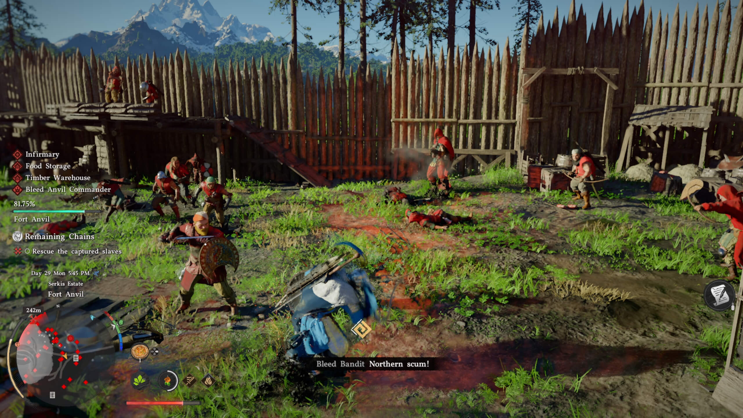 Kliff is fighting a group of bandits in a wooden outpost, the enemies are claded in armour with red cloth, while Kliff is wearing blue. The mini-map in the bottom left displays the enemies as red dots. 