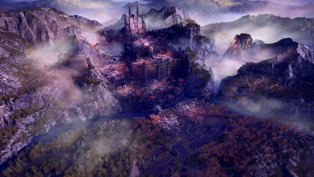 A scenic view of the main hub city. Surrounded by mountains, the large castle stands at the highest point of the city.