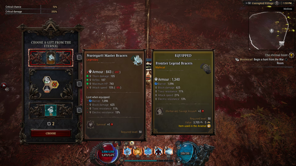 A menu screen, comparing two pairs of bracers. One has a rarity type of Legendary, the other Mythical.