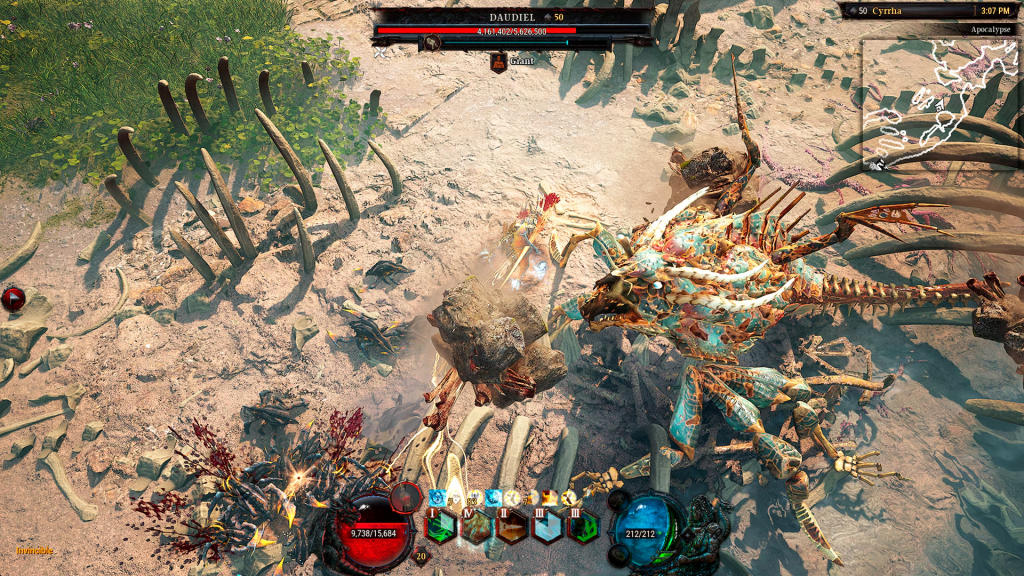 The protagonist is fighting against a giant scorpion-like creature in the desert. The floor is littered with bones, indicating this is the monsters lair.