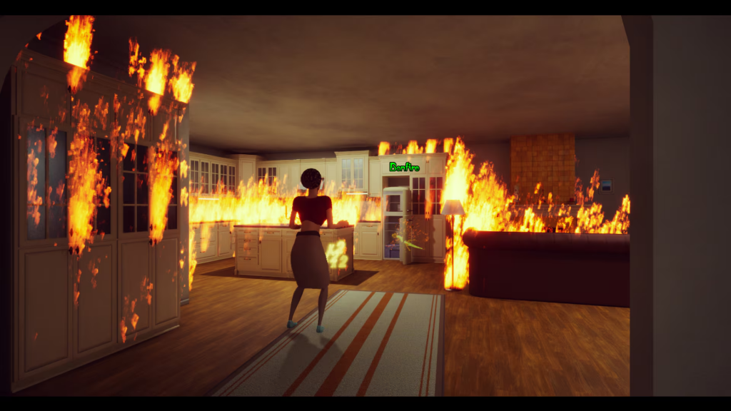 A panicked human stands watching as the kitchen and living room is set on fire.
