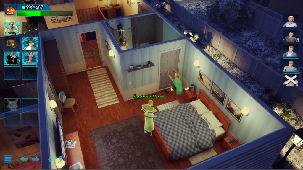 A human is desperately trying to open a locked door in a bedroom as a ghost floats behind them.