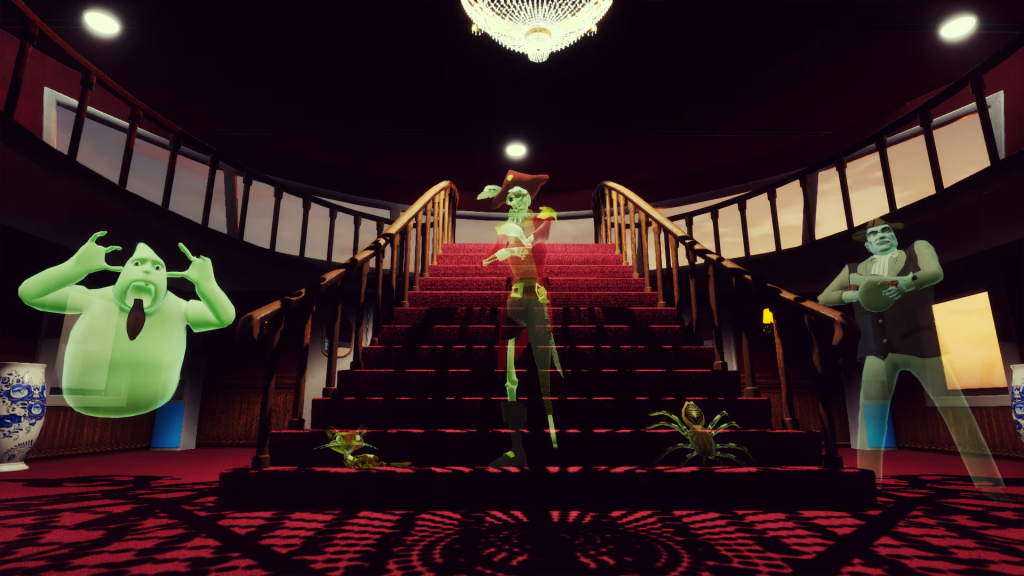 Five spirits stand at the bottom of a grand staircase. A ghost sticking his tongue out, a small cat-like entity, a skeletal pirate, a giant tarantula, and a mobster.