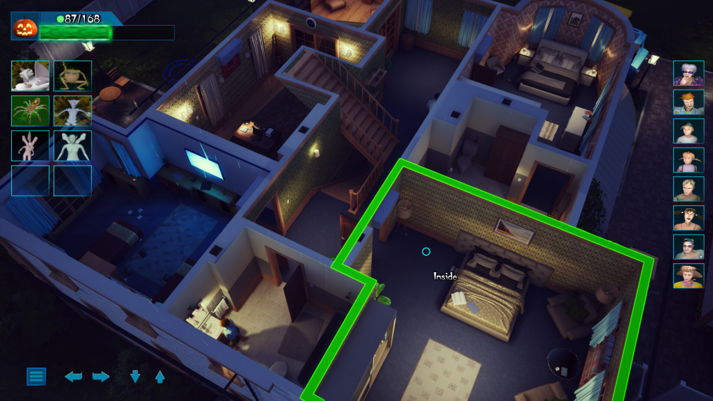 A top-down view of the middle floor of a mansion. All seems quiet as no ghosts are active... yet.