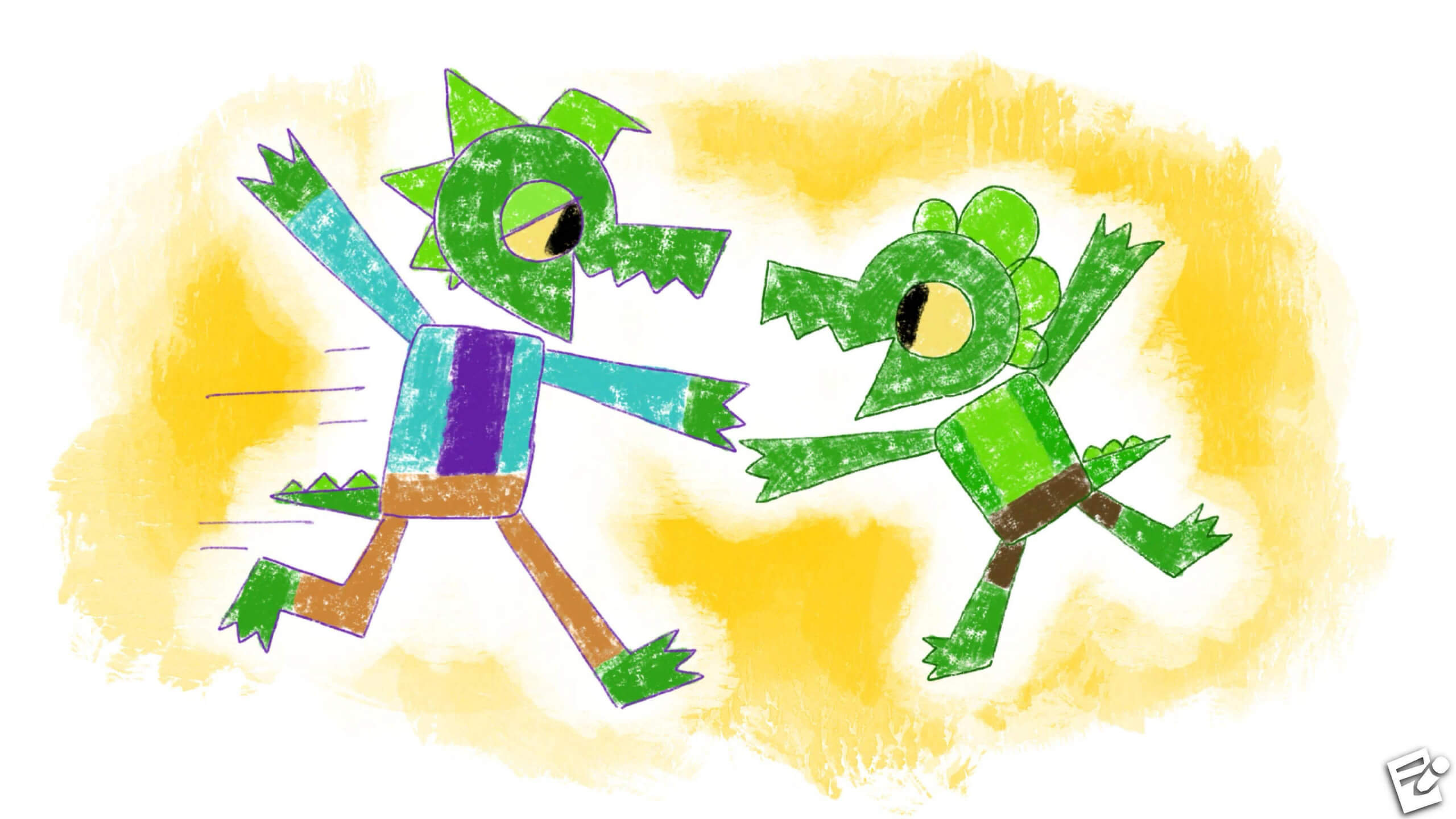 Two playful, cartoon-style alligators in colorful outfits frolic against a yellow watercolor backdrop, expressing joy and energy.