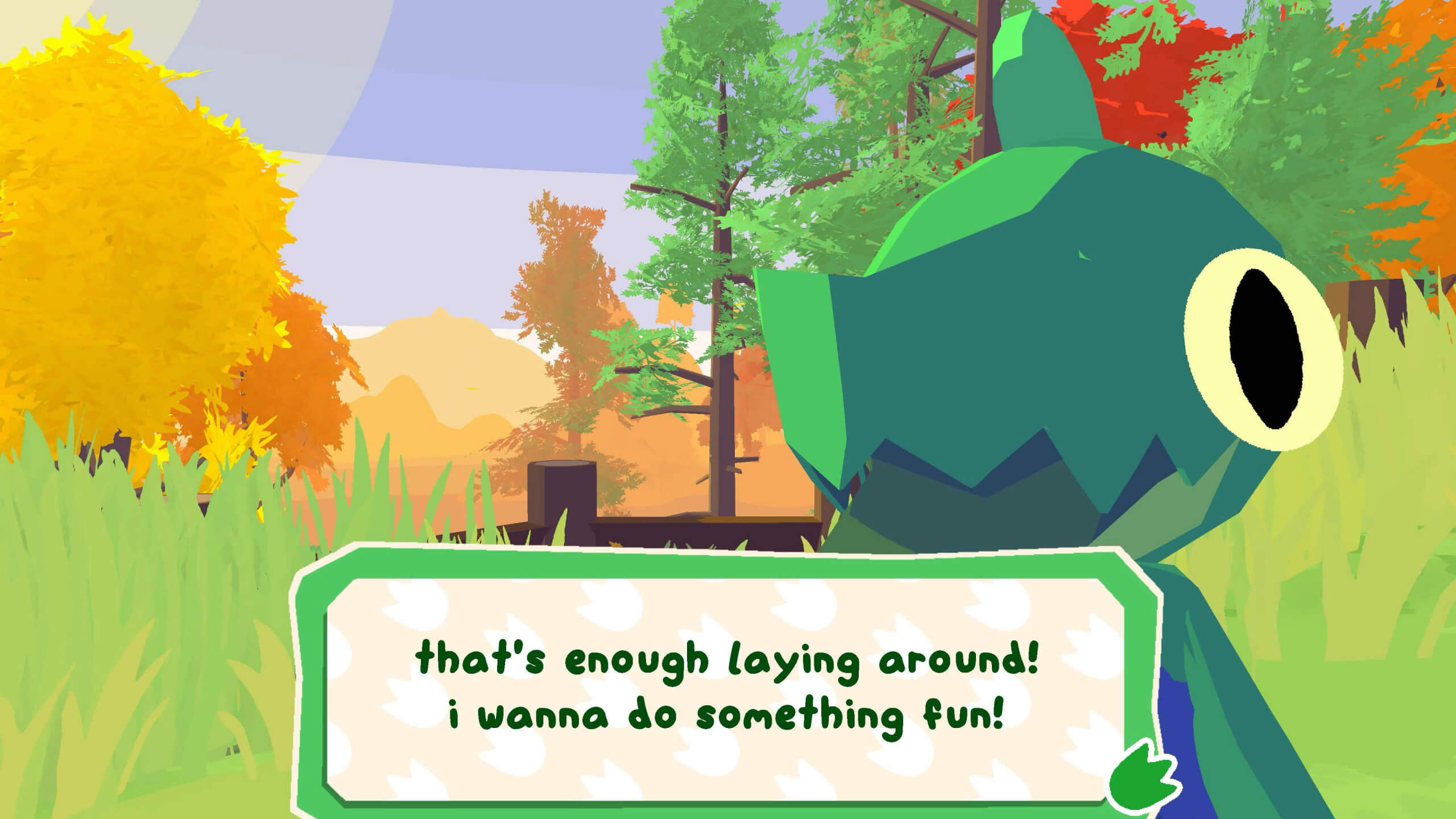 A whimsical green creature with a large eye stands in a vibrant, colorful park with autumn trees, expressing eagerness to have fun in playful text.