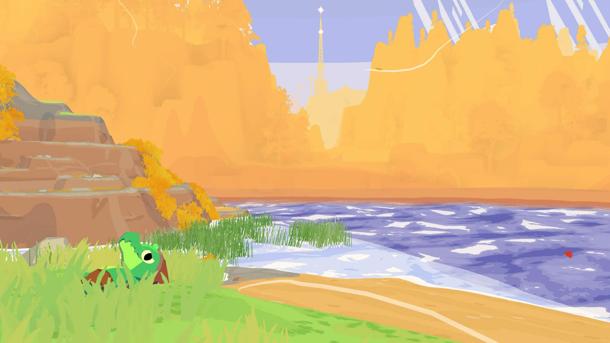 A serene, cartoon-style landscape with a green amphibian and tall grass in the foreground. A river flows by orange cliffs under a pastel sky.