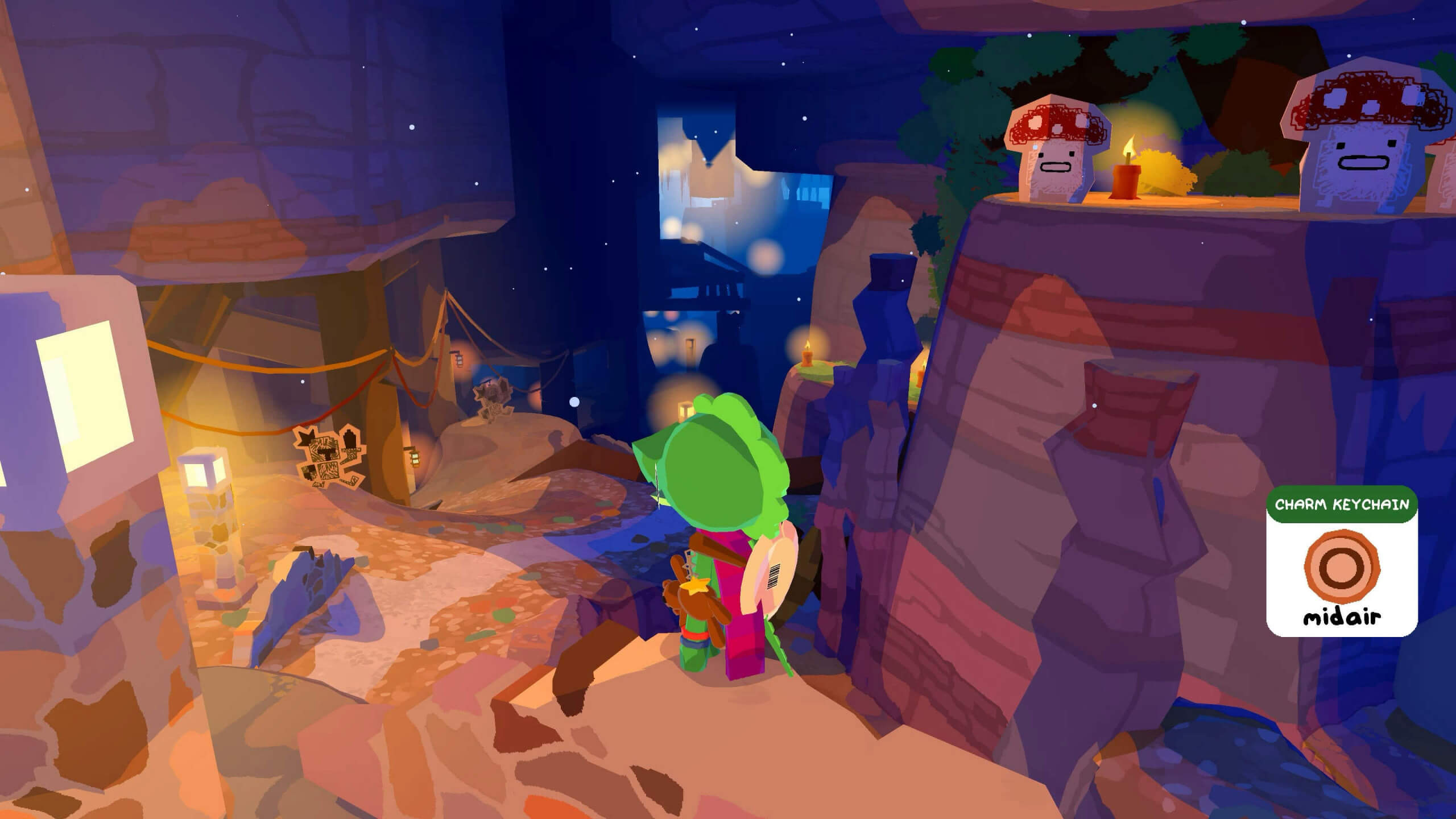 Lil Gator is in a dark cave area. There are lanterns to light the way and cardboard enemies that look like mushrooms