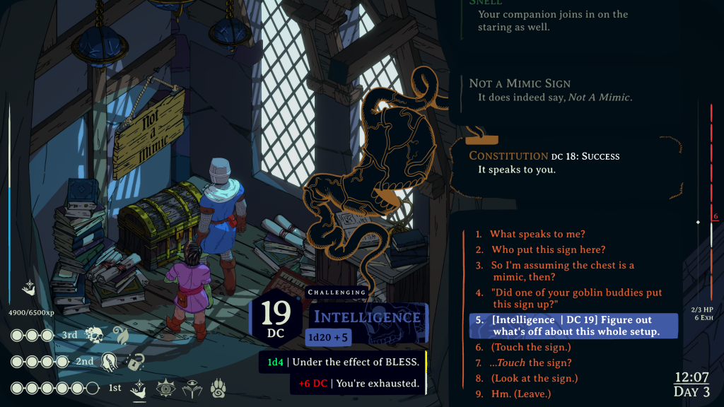 Esoteric Ebb's protagonists Ragn and Snell are investigating an office with furniture and various books & scrolls. In the centre is a prominent chest with a sign saying not a mimic. It causes the pair to be suspicious.