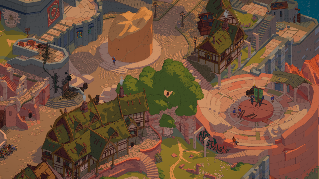 Within the world of Esoteric Ebb is a zoomed out view of Ragn in the centre of the city at midday. He stands at the base of a huge broken pillar with various buildings and an ampitheatre nearby