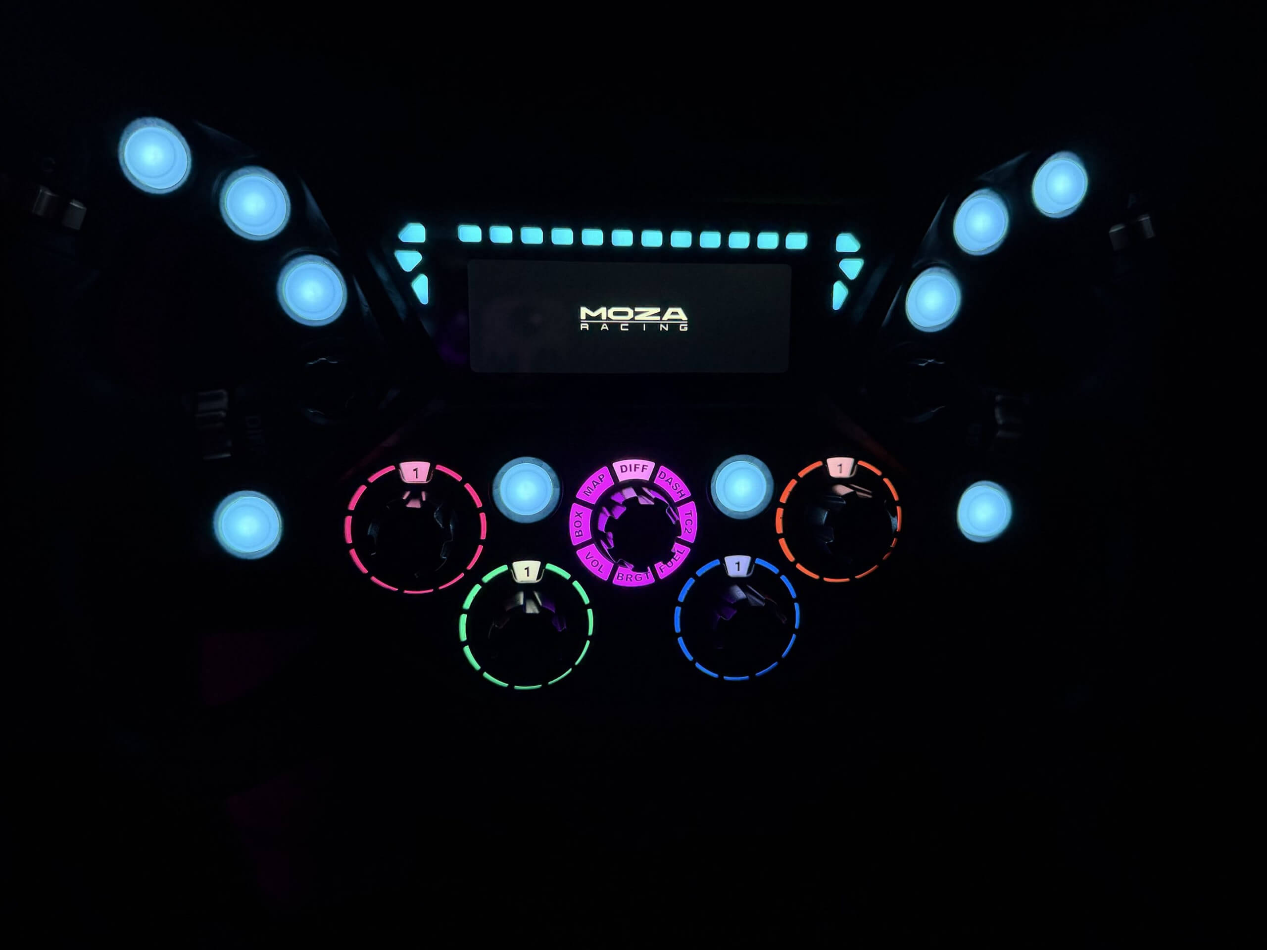 image of the ks pro steering wheel in the dark with the RGB on show