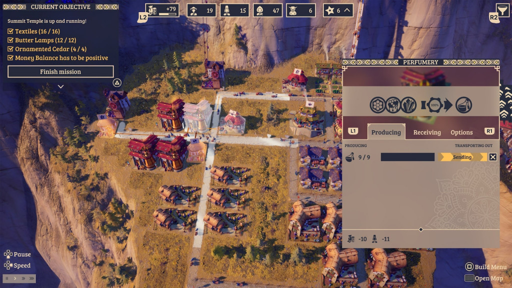 A perfumery is selected, with menus showing how much it's producing, as well as its profits.