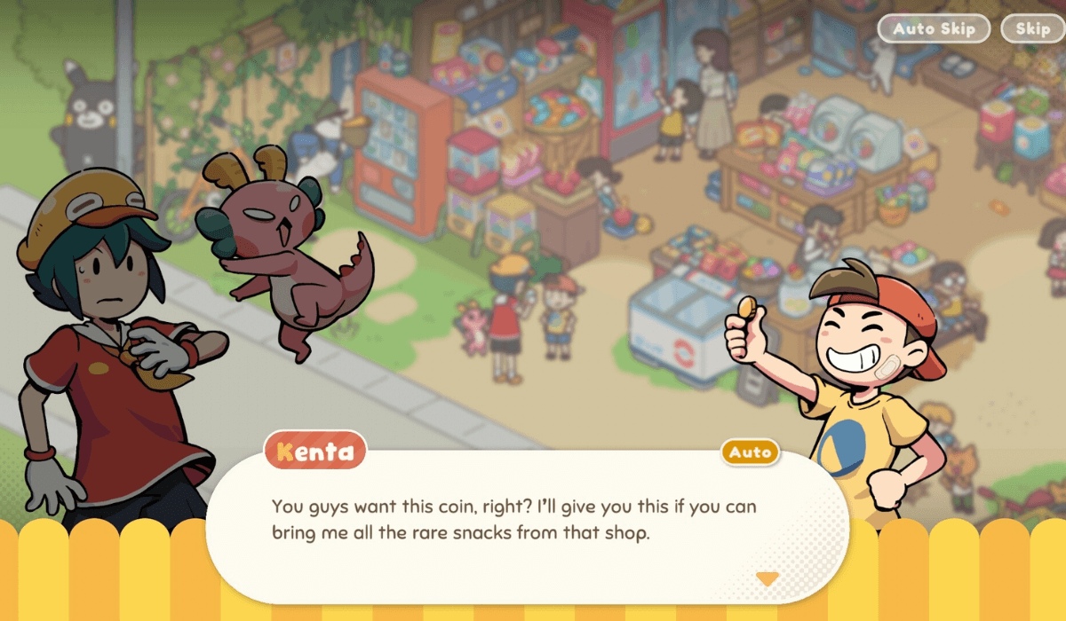 A cutscene showing a young boy in a duck hat and a tiny pink dragon talking to a smaller boy offering a coin. A text box reads: "You guys want this coin, right? I'll give you this if you can bring me all the rare snacks from that shop."