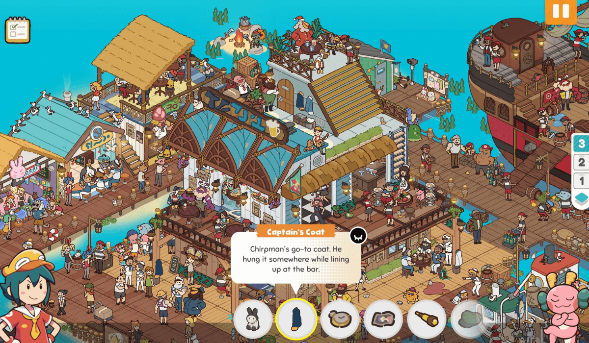 A busy boardwalk market scene with a bar in the centre, a pirate ship to the right, and market stalls to the left. Items in circles are shown at the bottom, and a speech bubble reads: "Chirpman's go-to coat. He hung it somewhere while lining up at the bar."