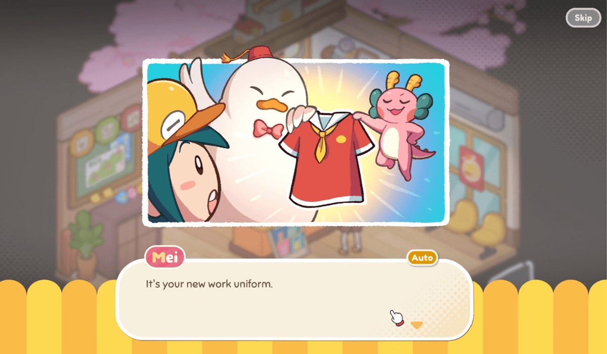 A postcard in the centre, showing a large duck and a tiny pink dragon handing a red uniform to a young boy. A speech bubble reads: "It's your new work uniform."