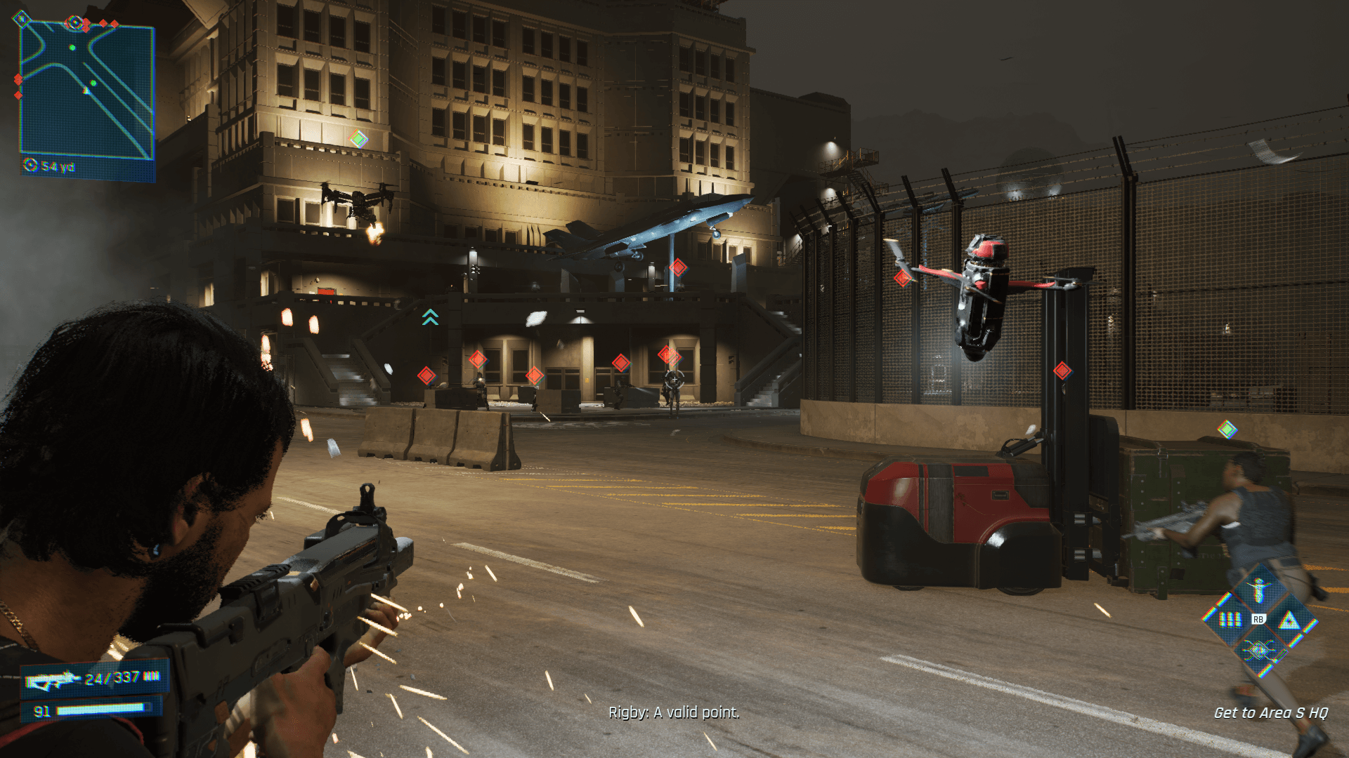 Diaz is aiming his rifle at some oncoming enemies, that are marked with a red diamond. A red drone is flying close to him. A forklift is also visible, holding a green crate. 