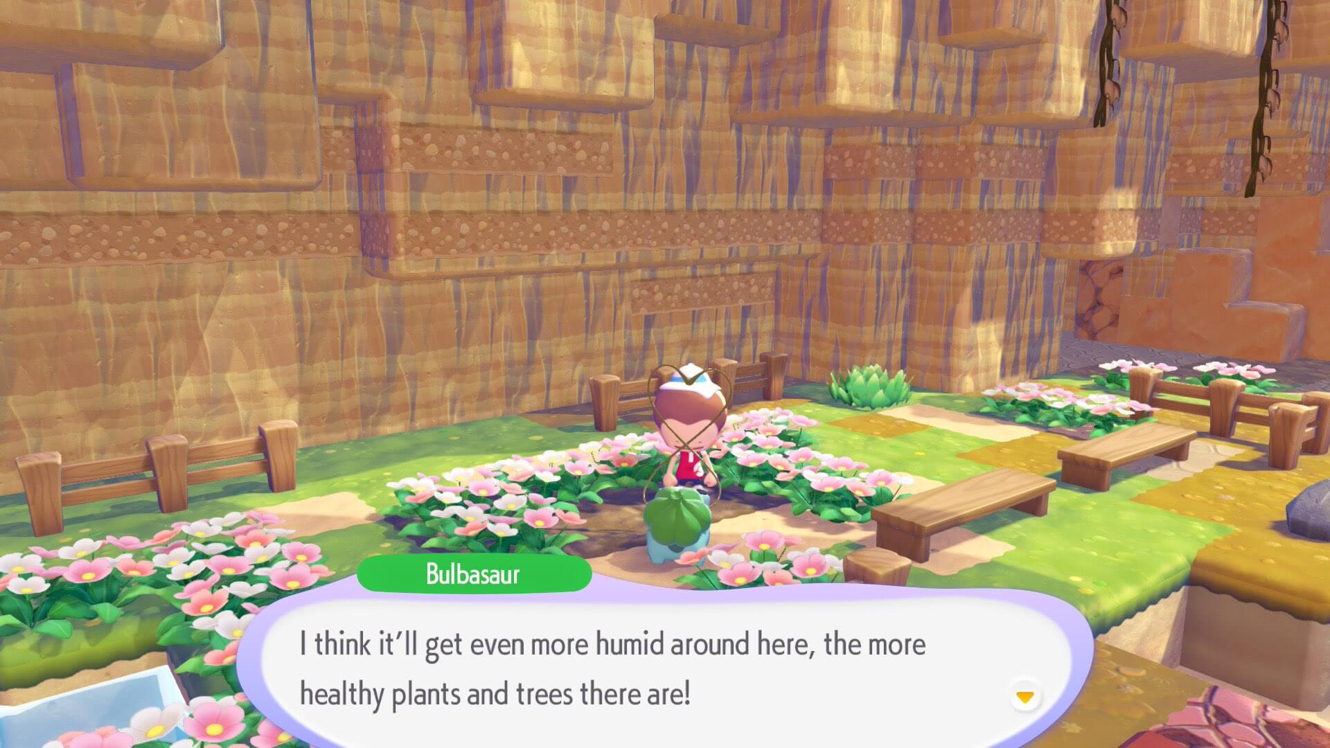 screenshot of pokopia showing a conversation with bulbasaur where he asked for it to be more humid