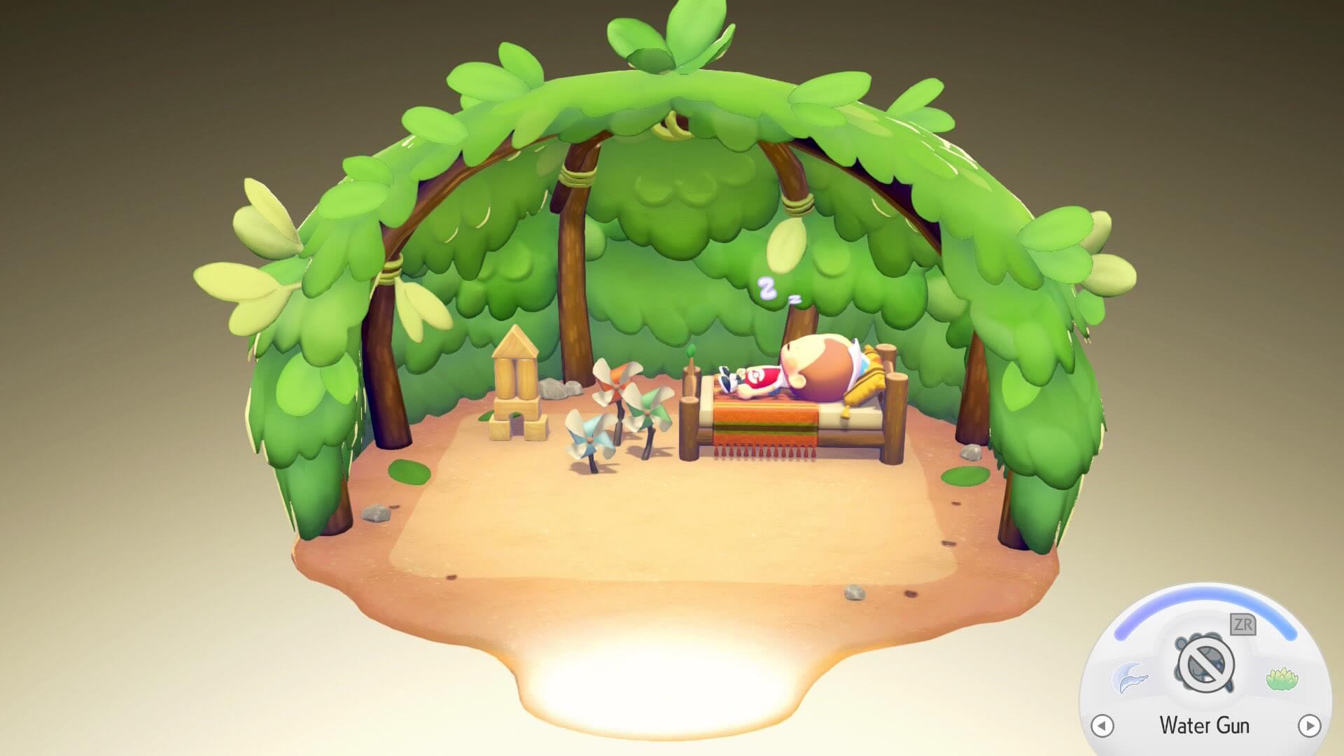 screenshot of pokopia showing your chartacter asleep in its house, with building blocks and pinwheels